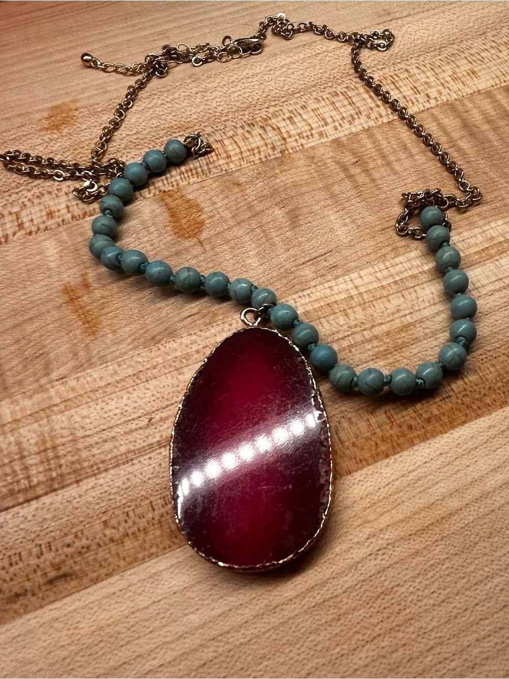 Handcrafted Agate Pendant Necklace with Turquoise Beads - Pink Teardrop